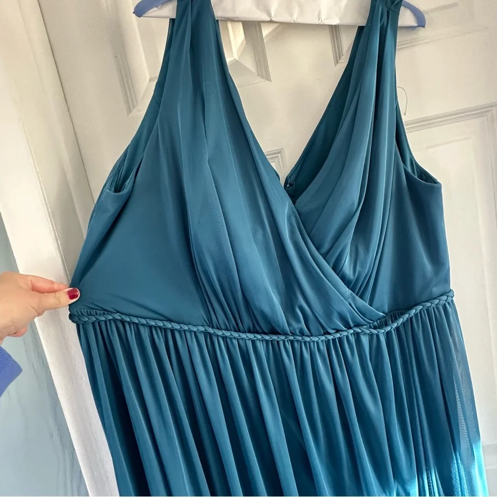 Azazie A24 TANICIA Stretch Ink Blue A-Line V-Neck Pleated Mesh Dress - Picture 3 of 6